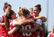Arsenal Women elevate local economy through Emirates matches BOREHAMWOOD / UNITED KINGDOM - SUNDAY 25 AUGUST 2019: Arsenal Women celebrate after a goal against Tottenham Hotspur Women during a friendly match at Meadow Park.