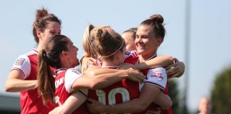 Arsenal Women elevate local economy through Emirates matches BOREHAMWOOD / UNITED KINGDOM - SUNDAY 25 AUGUST 2019: Arsenal Women celebrate after a goal against Tottenham Hotspur Women during a friendly match at Meadow Park.