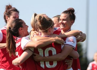 Arsenal Women elevate local economy through Emirates matches BOREHAMWOOD / UNITED KINGDOM - SUNDAY 25 AUGUST 2019: Arsenal Women celebrate after a goal against Tottenham Hotspur Women during a friendly match at Meadow Park.