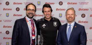 Aston Villa’s UCL return ‘icing on the cake’ for club partner Betano Julio Iglesias Hernando, CCO of Kaizen Gaming, Unai Emery, Manager of Aston Villa and Chris Heck, President of Business Operations at Aston Villa.