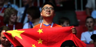 Chinese Football Association bans 43 in corruption probe 23.06.2018. Moscow, Russian:China fans on the stands in the Fifa World Cup Russia 2018, Group C, football match between BELGIUM V TUNISIA in SPARTAK STADIUM in Moscow Stadium.