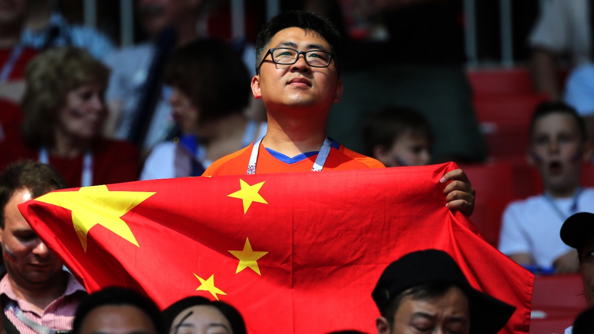 23.06.2018. Moscow, Russian:China fans on the stands in the Fifa World Cup Russia 2018, Group C, football match between BELGIUM V TUNISIA in SPARTAK STADIUM in Moscow Stadium.