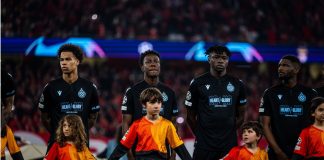 Club Brugge ups sponsorship game for Champions League : UEFA Champions League game between SL Benfica and Club Brugge; Players of Club Brugge before game.