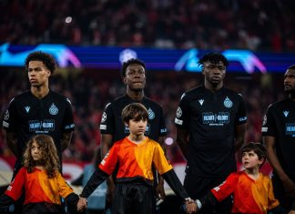 Belgium’s betting loopholes offer a glimpse into Premier League’s future : UEFA Champions League game between SL Benfica and Club Brugge; Players of Club Brugge before game.