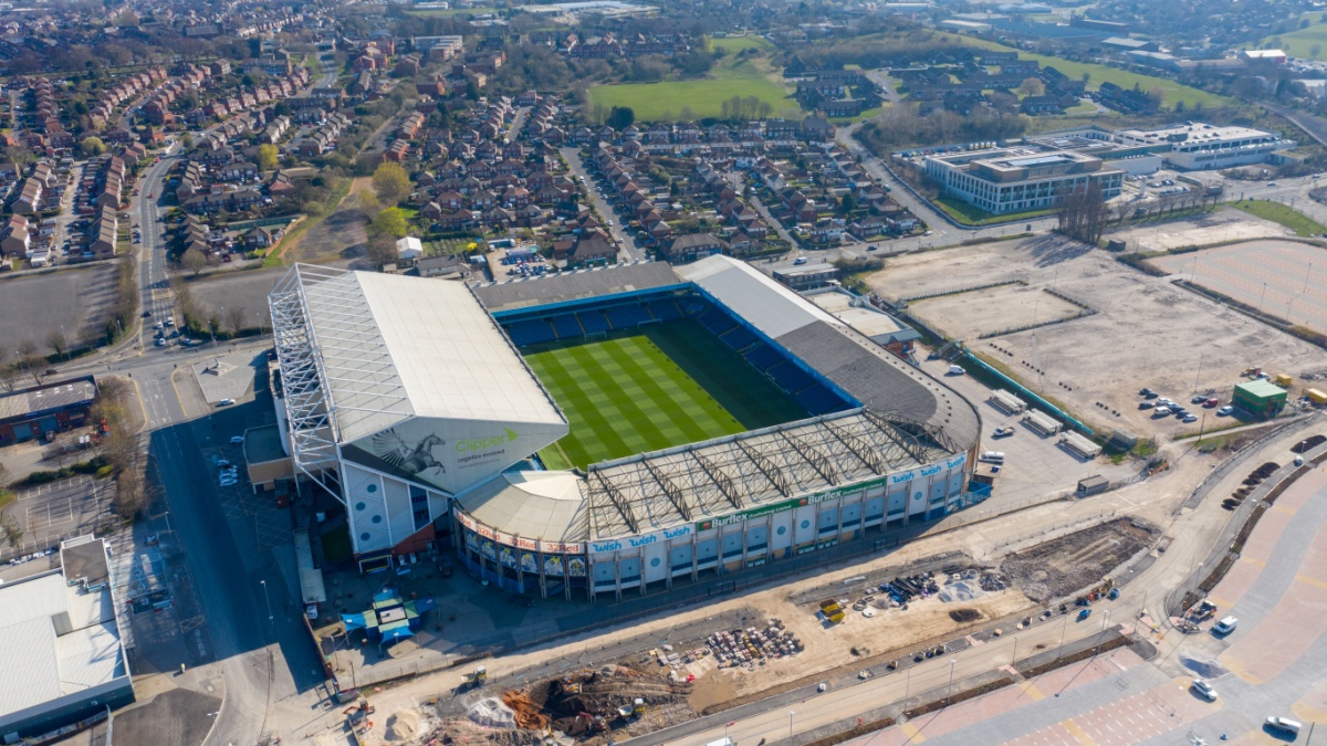 Aerial photo of the famous Elland Road football stadium in Leeds, West Yorkshire, England, which is home of Leeds United.