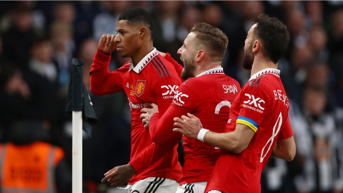 Marcus Rashford of Manchester United celebrates after scoring a goal to make it 2-0 - Manchester United v Newcastle United, Carabao Cup Final, Wembley Stadium, London, UK - 26th February 2023.