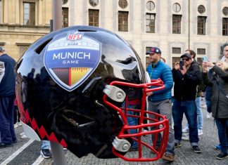 NFL and Bitpanda team up ahead of German return Munich, Bavaria, Germany, November, 12 2022, crowded NFL fan area Odeonsplace, one day before the first NFL game in Germany.