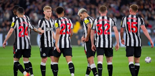 Newcastle United players celebrate after scoring a goal during the Exhibition match between Tottenham and Newcastle United at the MCG on May 22, 2024 in Melbourne, Australia.