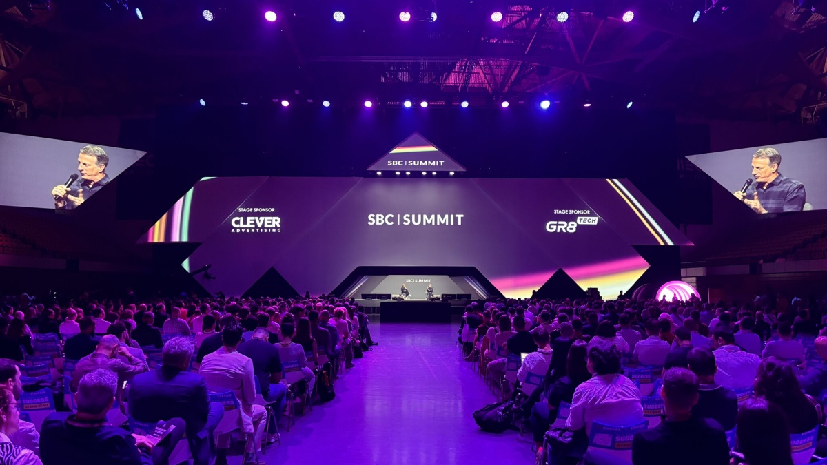 Tony Hawk on stage at the SBC Summit