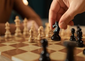 Google’s historic sponsorship sets new chess standards Close-up shot of a hand moving a black chess piece during a game between two players.