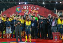 AFC takes steps to restore integrity in football with IBIA Kuala Lumpur / Malaysia - November 4 2019 - AL Ahed FC players (yellow) celebrate their win against 4.25 SC (red) in the AFC Cup Champions Final 2019 in Stadium KLFA in Kuala Lumpur
