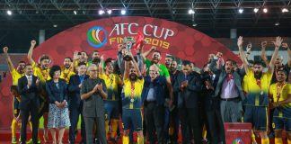 AFC takes steps to restore integrity in football with IBIA Kuala Lumpur / Malaysia - November 4 2019 - AL Ahed FC players (yellow) celebrate their win against 4.25 SC (red) in the AFC Cup Champions Final 2019 in Stadium KLFA in Kuala Lumpur