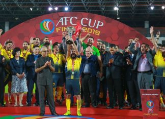 AFC takes steps to restore integrity in football with IBIA Kuala Lumpur / Malaysia - November 4 2019 - AL Ahed FC players (yellow) celebrate their win against 4.25 SC (red) in the AFC Cup Champions Final 2019 in Stadium KLFA in Kuala Lumpur