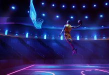 SLB takes inaugural cup final to Motorpoint Arena Nottingham Scoring winning goal. Young man, professional basketball player in yellow uniform jumping, throwing ball into basket on 3D stadium with flashlights. Concept of sport, competition, action and motion.