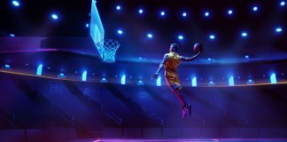 SLB takes inaugural cup final to Motorpoint Arena Nottingham Scoring winning goal. Young man, professional basketball player in yellow uniform jumping, throwing ball into basket on 3D stadium with flashlights. Concept of sport, competition, action and motion.