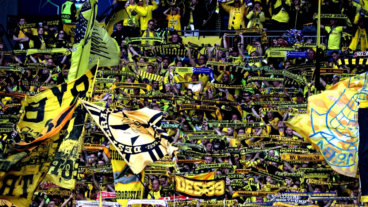 London, ENGLAND - June 1, 2024: Borussia Dortmund fans support their team ahead of the UEFA Champions League Final Borussia Dortmund v Real Madrid CF at Wembley Stadium.