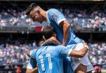 MLS to ‘elevate’ its global profile with OneFootball deal New York, NY - July 9, 2022: Valentin Castellanos (11) of NYCFC celebrates with teammates scoring goal during MLS regular season game against New England Revolution at Yankee stadium.