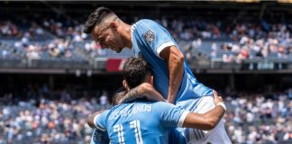 MLS to ‘elevate’ its global profile with OneFootball deal New York, NY - July 9, 2022: Valentin Castellanos (11) of NYCFC celebrates with teammates scoring goal during MLS regular season game against New England Revolution at Yankee stadium.