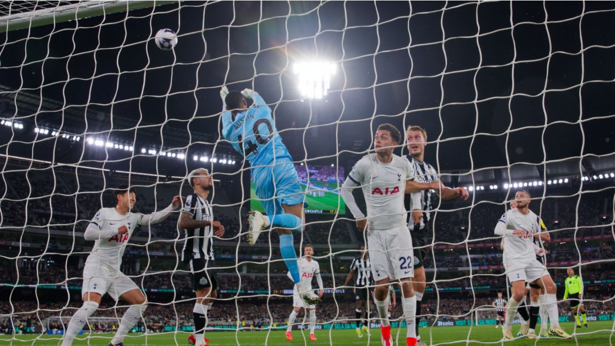 Goalkeeper, Brandon Austin of Tottenham jumps to push the ball during the Exhibition match between Tottenham and Newcastle at the MCG on May 22, 2024 in Melbourne, Australia.