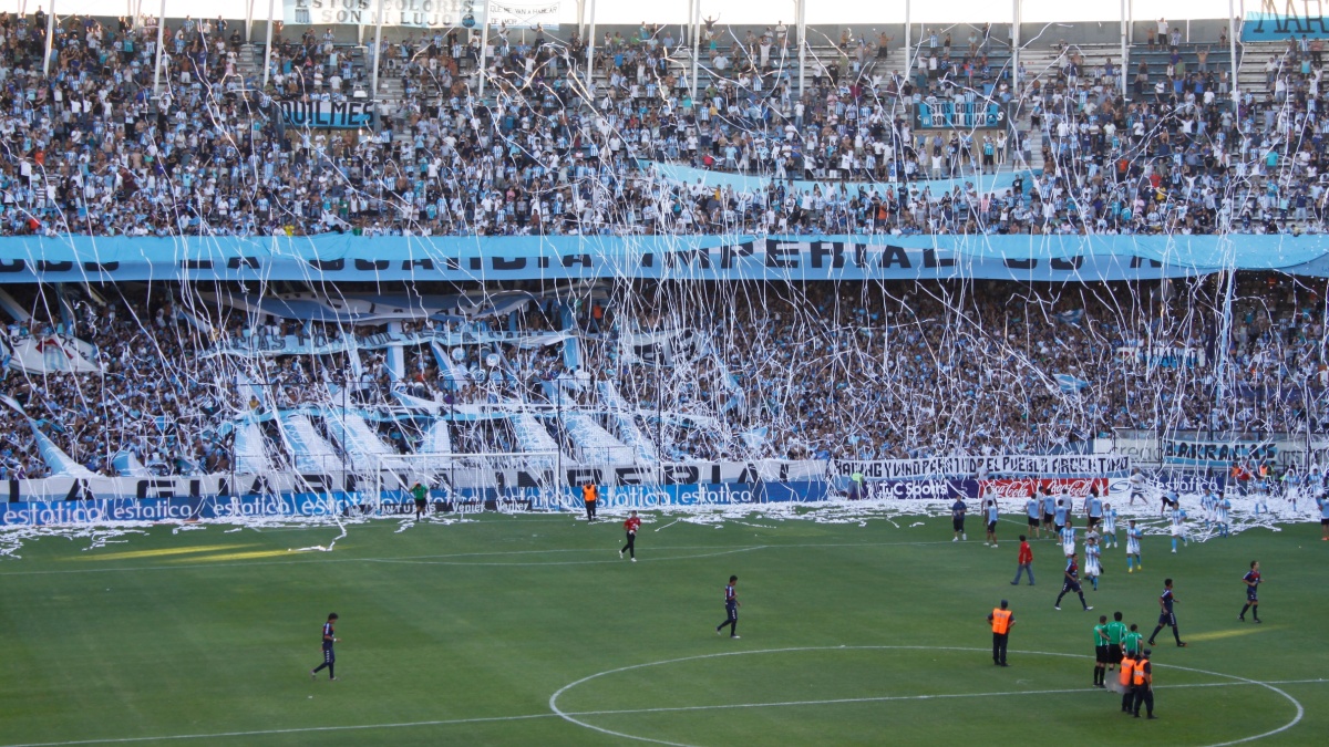Avellaneda, Buenos Aires, Argentina. 12th. January 2012. Reception from the Racing Club public showing its big flag at the Presidente Peron Stadium during the match between Racing Club and Tigre.