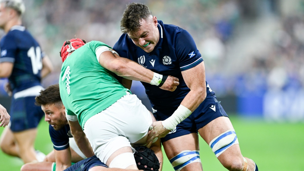 Jack Dempsey making a tackle during the Rugby union World Cup XV RWC match between Ireland and Scotland at Stade de France in Saint-Denis near Paris on October 7, 2023.