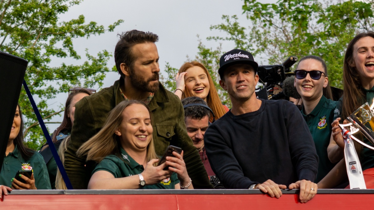 Wrexham, Wales - 02.05.2023: Ryan Reynolds and Rob McElhenney on the Wrexham AFC bus parade.