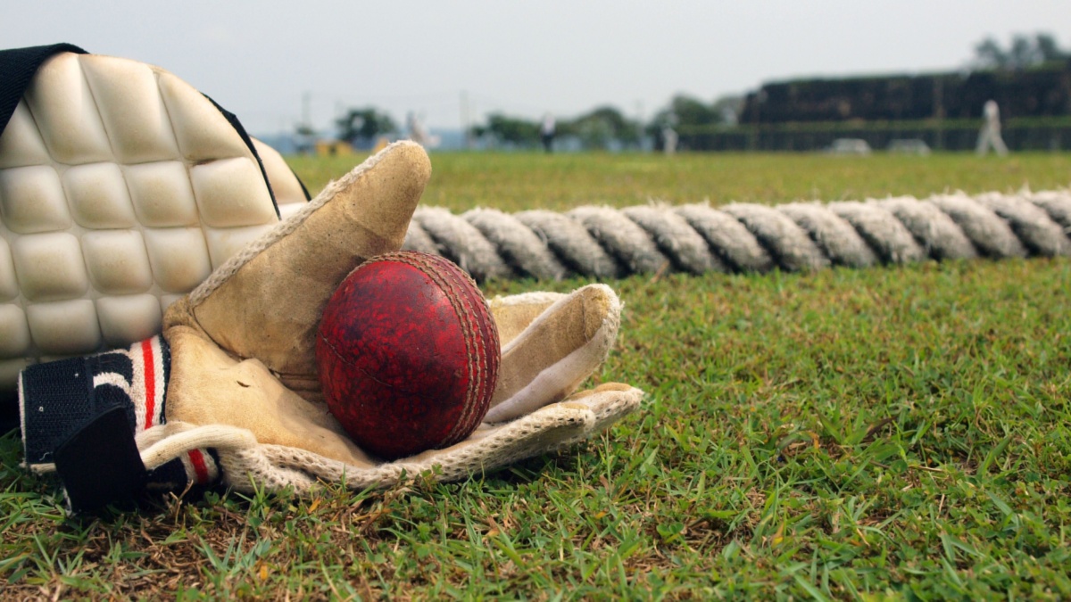 Ball and cricket glove on grass. NZ20