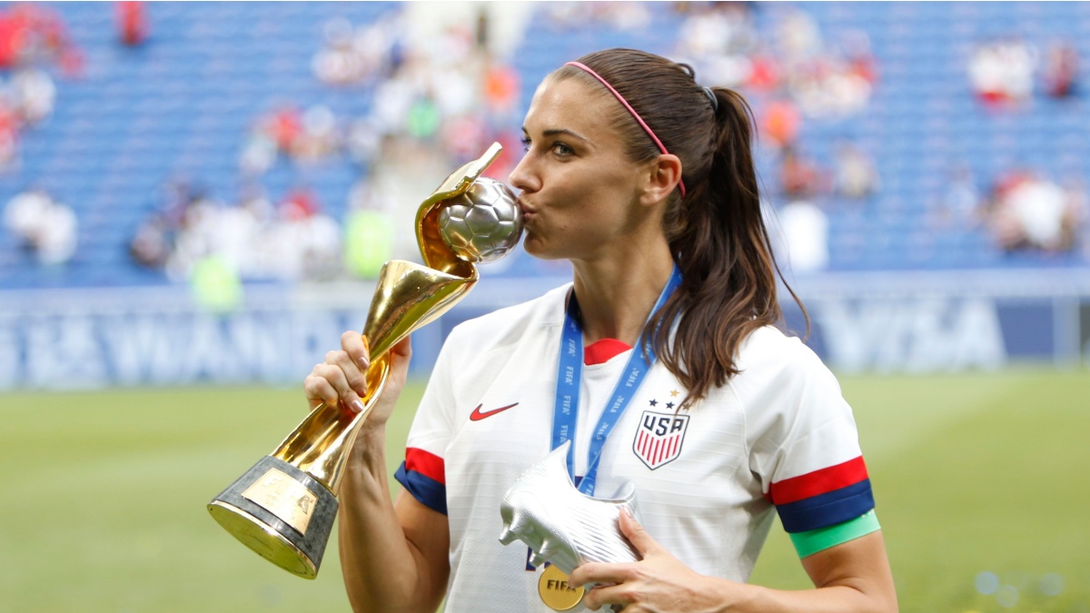 Alex Morgan kisses the world cup after the FIFA Women's World Cup France 2019 Final football match USA vs Netherlands on 7 July 2019 Groupama Stadium Lyon France.