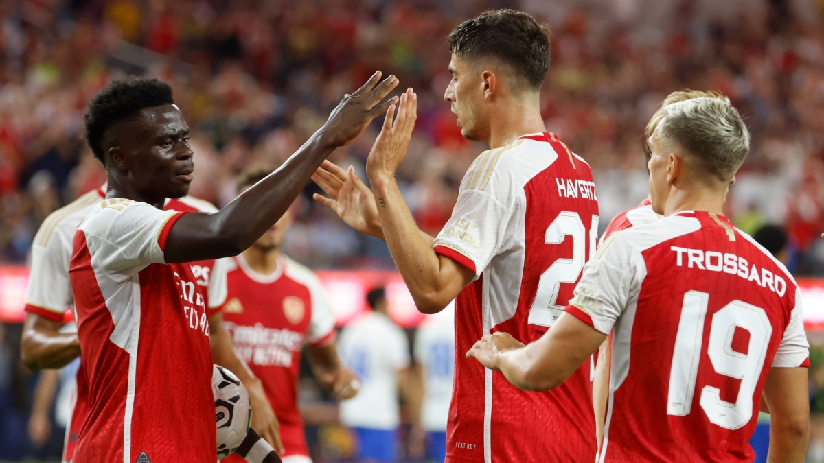 Arsenal's Kai Havertz (C) celebrates his goal during a Soccer Champions Tour match between the Arsenal F.C. and the FC Barcelona in Inglewood, Calif. July 26, 2023.