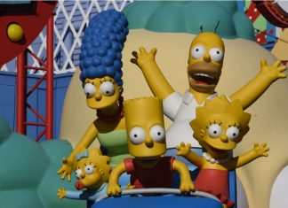 NFL goes to Springfield in Simpsons-themed broadcast Los Angeles, California, USA -July 30, 2018: Simpsons Ride at Krustyland at Universal Studios of Hollywood, Los Angeles, CA.