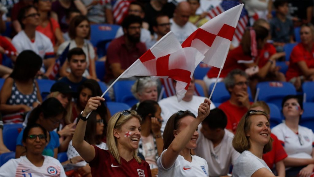 Fans of England during the FIFA Women's World Cup France 2019, semi-final football match vs England and USA on July 2,2019 Groupama Stadium Lyon France.