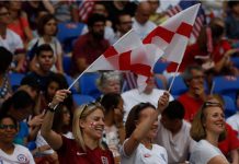 Women’s football sees 24% attendance growth across Europe Fans of England during the FIFA Women's World Cup France 2019, semi-final football match vs England and USA on July 2,2019 Groupama Stadium Lyon France.