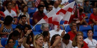 Women’s football sees 24% attendance growth across Europe Fans of England during the FIFA Women's World Cup France 2019, semi-final football match vs England and USA on July 2,2019 Groupama Stadium Lyon France.