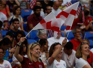 Women’s football sees 24% attendance growth across Europe Fans of England during the FIFA Women's World Cup France 2019, semi-final football match vs England and USA on July 2,2019 Groupama Stadium Lyon France.