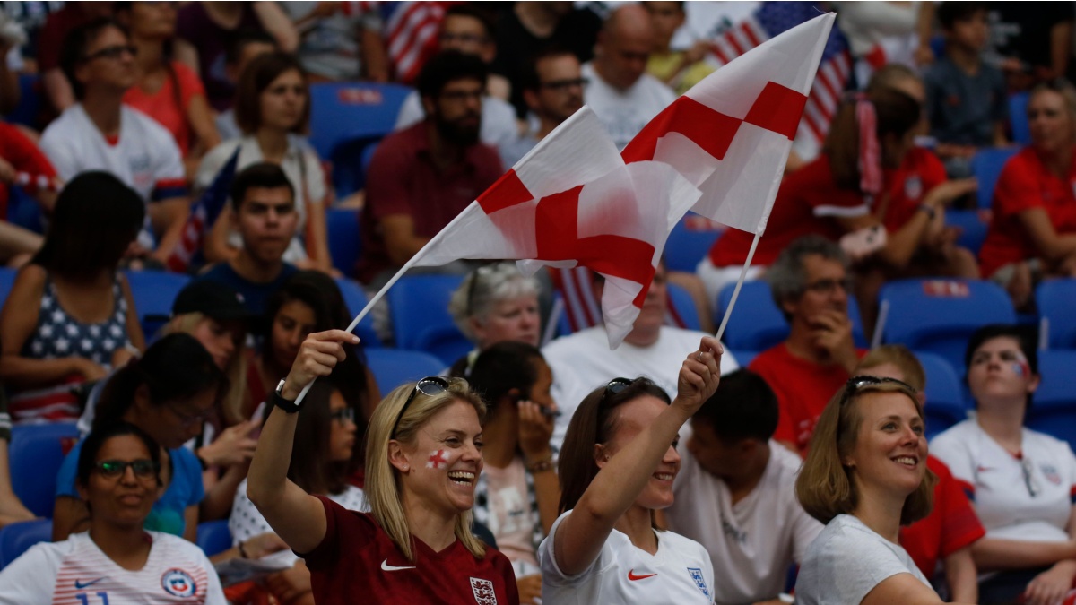 Fans of England during the FIFA Women's World Cup France 2019, semi-final football match vs England and USA on July 2,2019 Groupama Stadium Lyon France.