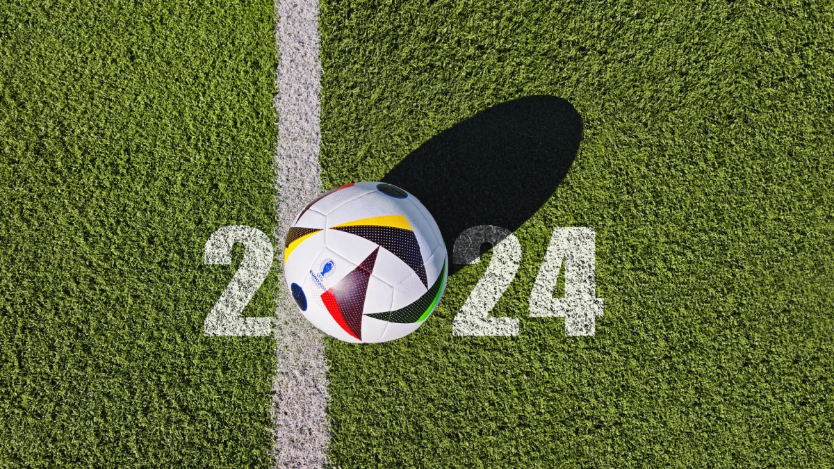 Germany, Hesse, Offenbach am Main, 28.01.2024 a EURO 2024 UEFA bal on the green grass - 2024 Germany.