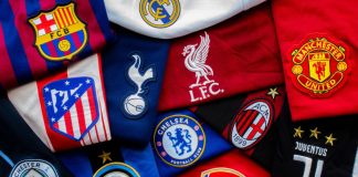 From European Super League to Unify League: A22’s new vision Barcelona, Catalonia, Spain. April 19, 2021. Horizontal view of the Super League or European Super League teams jerseys, an annual club football competition to be contested by an exclusive group.