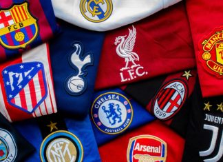 From European Super League to Unify League: A22’s new vision Barcelona, Catalonia, Spain. April 19, 2021. Horizontal view of the Super League or European Super League teams jerseys, an annual club football competition to be contested by an exclusive group.