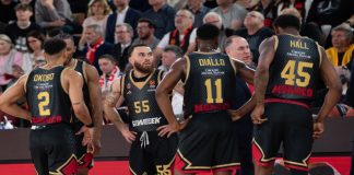 AS Monaco Basket joins forces with zondacrypto for Euroleague Monaco - 03-07-2024: Monaco player #55 Mike James is seen with #2 Elie Okobo, #4 Jaron Blossomgame, #11 Alpha Diallo, #45 Donta Hall during the match between AS Monaco and Red Star Belgrade.