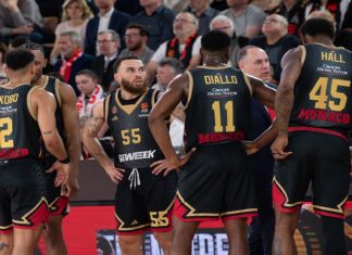 AS Monaco Basket joins forces with zondacrypto for Euroleague Monaco - 03-07-2024: Monaco player #55 Mike James is seen with #2 Elie Okobo, #4 Jaron Blossomgame, #11 Alpha Diallo, #45 Donta Hall during the match between AS Monaco and Red Star Belgrade.