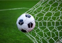 Barcelona S.C. scores big with 1xBet sponsorship Football on goal with net background, football player shoot a leather foot ball for make a score, Peru.