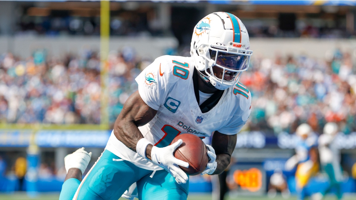 Miami Dolphins wide receiver Tyreek Hill (10) in actions during an NFL football game against the Los Angeles Chargers, Sept. 10, 2023, in Inglewood, Calif.