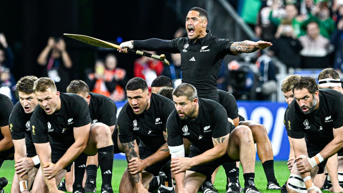 Sam Cane Codie Taylor Dane Coles Sam Whitelock and Aaron Smith during the haka of the Rugby World Cup match Ireland VS New Zealand All Blacks in Paris, on October 14, 2023.
