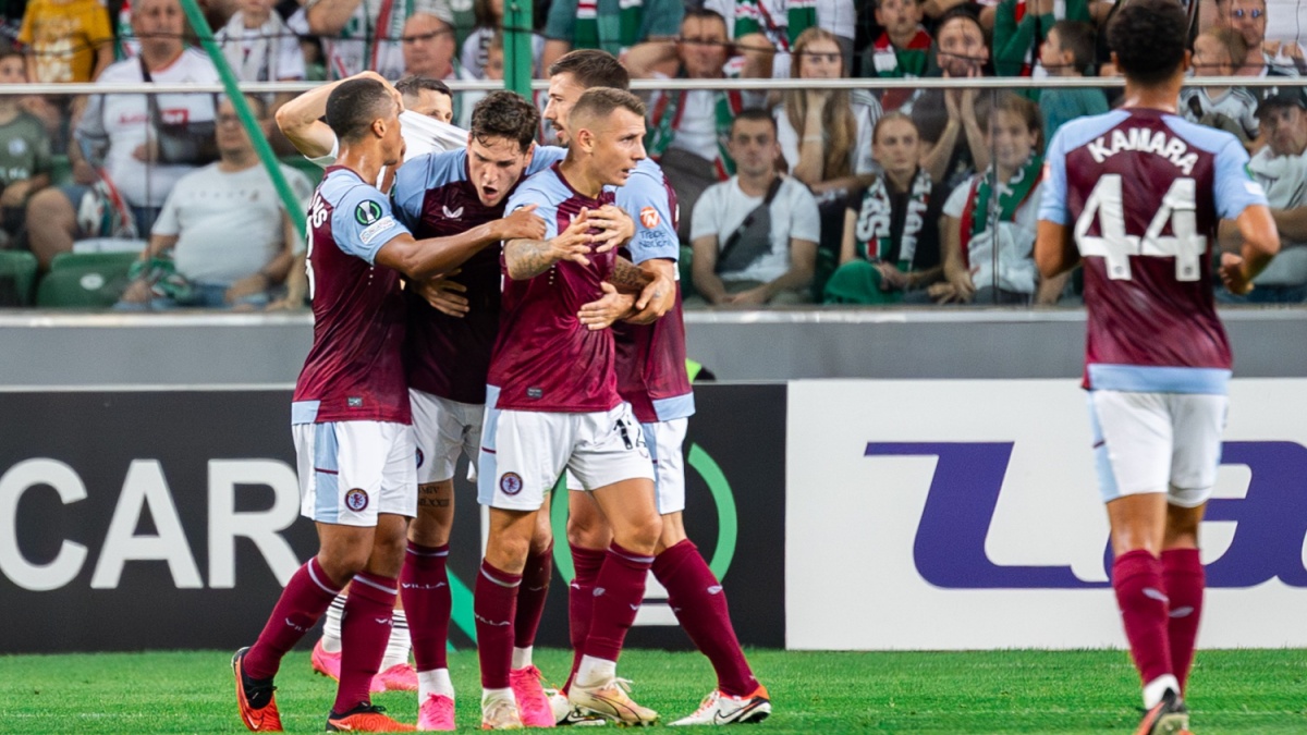 WARSAW, POLAND - 21 SEPTEMBER, 2023: UEFA Europa Conference League group stage match, Legia Warszawa vs Aston Villa F.C. 3:2 o.p: Youri Tielemans, Nicolo Zaniolo, Clement Lenglet and Lucas Digne.