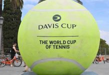 ITF confirms Stake’s presence at Davis Cup until 2026 Valencia - Spain, 14-August-2024. Large replica tennis ball advertising the Davis Cup Tennis tournament to be held in September.