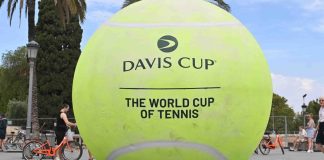 ITF confirms Stake’s presence at Davis Cup until 2026 Valencia - Spain, 14-August-2024. Large replica tennis ball advertising the Davis Cup Tennis tournament to be held in September.