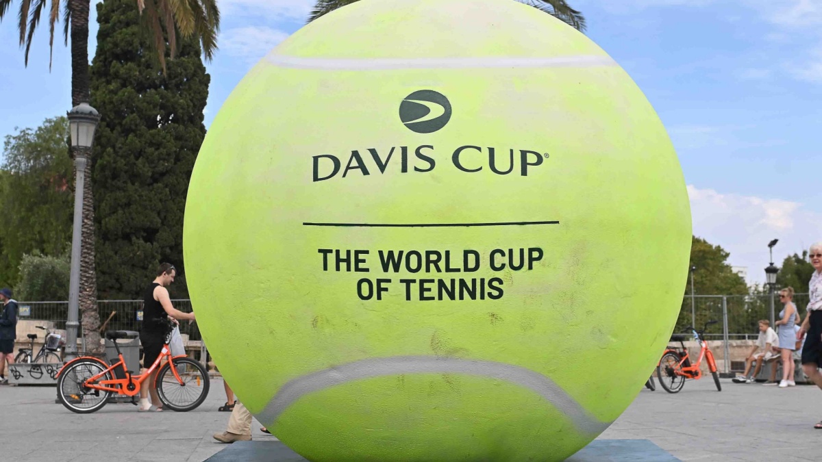 Valencia - Spain, 14-August-2024. Large replica tennis ball advertising the Davis Cup Tennis tournament to be held in September.