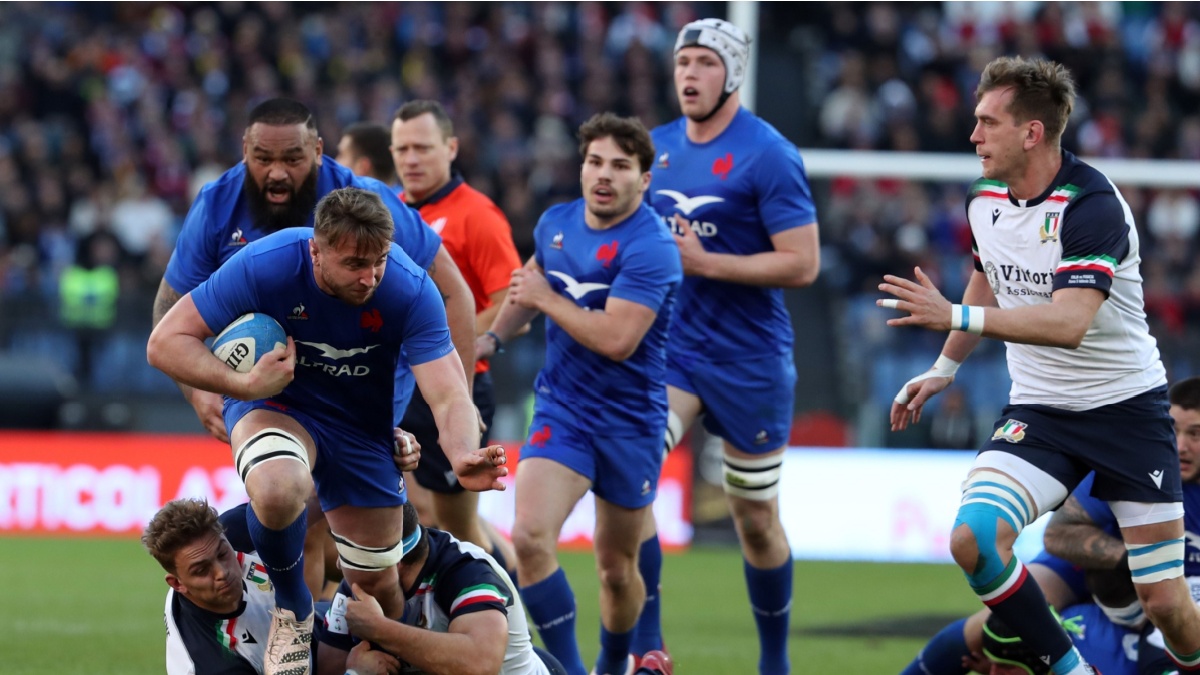 Rome, Italy 05.02.2023:STEPHEN VARNEY (ITA), ANTHONY JELONCH (FRA), GIACOMO NICOTERA (ITA) in action during the Guinness Six Nations 2023 rugby match between ITALY vs France at Stadio Olimpico in Rome.
