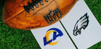 NFL reportedly set to go down under with matches in Melbourne PHILADELPHIA, JANUARY 14, 2025: Philadelphia Eagles vs. Los Angeles Rams, NFL Divisional Round. American football game for season 2024 - 2025. Football Ball on Green Grass and logos. NFL File photo.