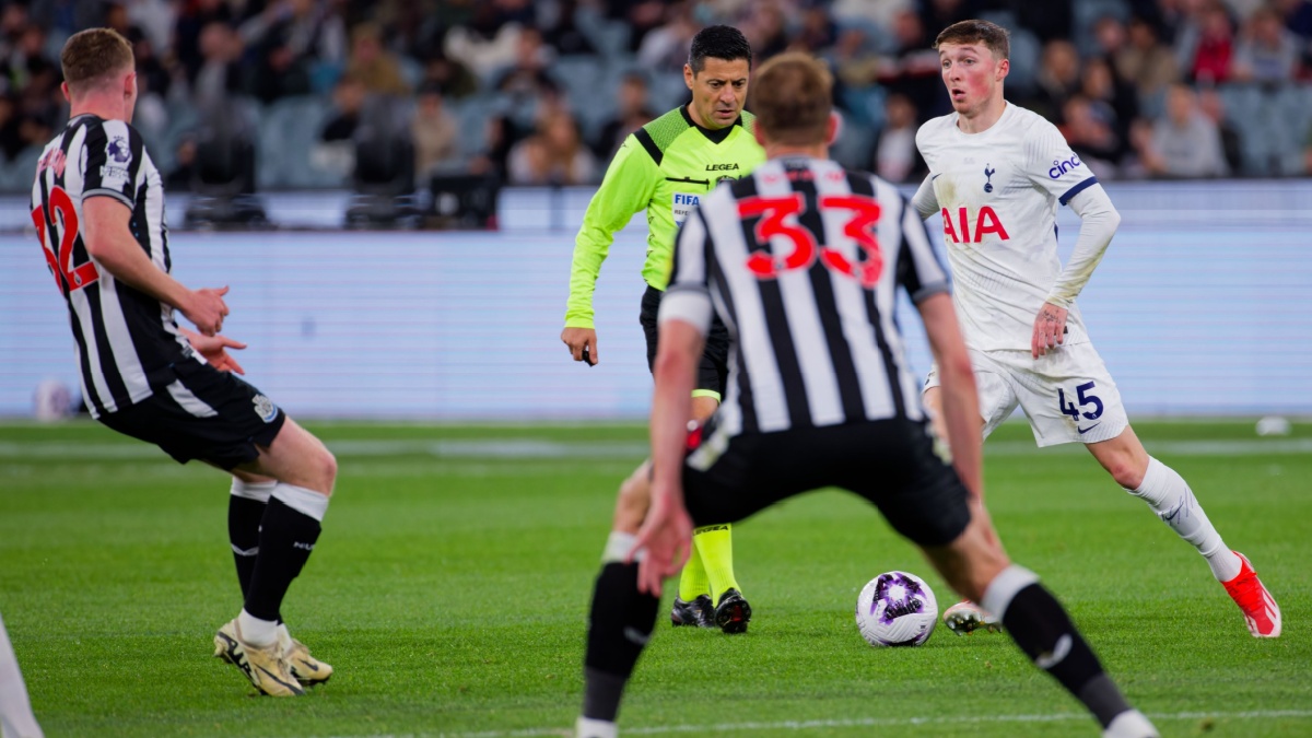 Alfie Devine of Tottenham controls the ball during the Exhibition match between Tottenham Hotspur and Newcastle United at the MCG on May 22, 2024 in Melbourne, Australia.
